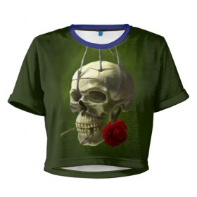 Женская футболка 3D укороченная с принтом Череп и роза в Петрозаводске, 100% полиэстер | круглая горловина, длина футболки до линии талии, рукава с отворотами | кости | роза | скелет | хэллоуин | цветок | цветы | череп