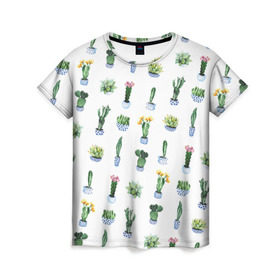 Женская футболка 3D с принтом Кактусы в Петрозаводске, 100% полиэфир ( синтетическое хлопкоподобное полотно) | прямой крой, круглый вырез горловины, длина до линии бедер | горшок | зеленый | кактус | принт | растение | флора | цветы