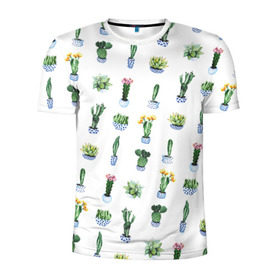 Мужская футболка 3D спортивная с принтом Кактусы в Петрозаводске, 100% полиэстер с улучшенными характеристиками | приталенный силуэт, круглая горловина, широкие плечи, сужается к линии бедра | горшок | зеленый | кактус | принт | растение | флора | цветы