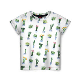 Детская футболка 3D с принтом Кактусы в Петрозаводске, 100% гипоаллергенный полиэфир | прямой крой, круглый вырез горловины, длина до линии бедер, чуть спущенное плечо, ткань немного тянется | горшок | зеленый | кактус | принт | растение | флора | цветы
