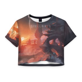 Женская футболка 3D укороченная с принтом Stellaris в Петрозаводске, 100% полиэстер | круглая горловина, длина футболки до линии талии, рукава с отворотами | Тематика изображения на принте: stellaris