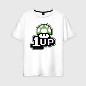 Женская футболка хлопок Oversize с принтом Mario 1up в Петрозаводске, 100% хлопок | свободный крой, круглый ворот, спущенный рукав, длина до линии бедер
 | dandy | mario | гриб | денди | жизнь | марио | мухомор