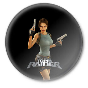 Значок с принтом TOMB RAIDER в Петрозаводске,  металл | круглая форма, металлическая застежка в виде булавки | game | girl | gun | lara croft | tomb raider | девушка | игра | оружие | пистолет