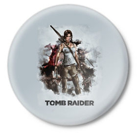 Значок с принтом TOMB RAIDER в Петрозаводске,  металл | круглая форма, металлическая застежка в виде булавки | game | girl | gun | lara croft | tomb raider | девушка | игра | оружие | пистолет