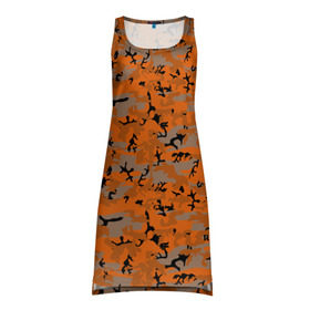 Платье-майка 3D с принтом Осенний камуфляж в Петрозаводске, 100% полиэстер | полуприлегающий силуэт, широкие бретели, круглый вырез горловины, удлиненный подол сзади. | военный | оронжевый | серый | черный