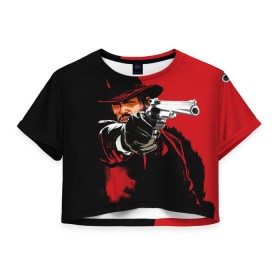 Женская футболка 3D укороченная с принтом Red Dead Redemption в Петрозаводске, 100% полиэстер | круглая горловина, длина футболки до линии талии, рукава с отворотами | cowboy | game | gun | jim | red dead redemption | rockstar | west | вестерн | дикий запад | игра | ковбой | оружие | пистолет