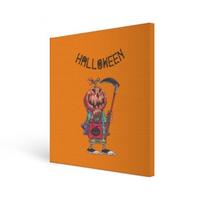 Холст квадратный с принтом Тыква с косой в Петрозаводске, 100% ПВХ |  | halloween | helloween | голова | день всех святых | коса | светильник джека | фонарт джека | хеллоуин | хеловин | хэллоуин