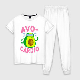 Женская пижама хлопок с принтом Avo-Cardio в Петрозаводске, 100% хлопок | брюки и футболка прямого кроя, без карманов, на брюках мягкая резинка на поясе и по низу штанин | авокадо | еда | кардио | спорт