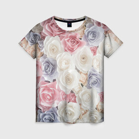 Женская футболка 3D с принтом Букет из роз в Петрозаводске, 100% полиэфир ( синтетическое хлопкоподобное полотно) | прямой крой, круглый вырез горловины, длина до линии бедер | розы | цветы