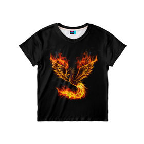Детская футболка 3D с принтом Феникс в Петрозаводске, 100% гипоаллергенный полиэфир | прямой крой, круглый вырез горловины, длина до линии бедер, чуть спущенное плечо, ткань немного тянется | fire | flame | in fire | smoke | в огне | дым | огненный | огонь