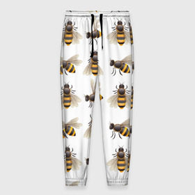 Мужские брюки 3D с принтом Пчелы в Петрозаводске, 100% полиэстер | манжеты по низу, эластичный пояс регулируется шнурком, по бокам два кармана без застежек, внутренняя часть кармана из мелкой сетки | белый | желтый | крылья | мед | черный