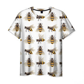 Мужская футболка 3D с принтом Пчелы в Петрозаводске, 100% полиэфир | прямой крой, круглый вырез горловины, длина до линии бедер | Тематика изображения на принте: белый | желтый | крылья | мед | черный