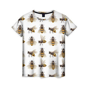 Женская футболка 3D с принтом Пчелы в Петрозаводске, 100% полиэфир ( синтетическое хлопкоподобное полотно) | прямой крой, круглый вырез горловины, длина до линии бедер | Тематика изображения на принте: белый | желтый | крылья | мед | черный