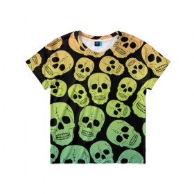 Детская футболка 3D с принтом Веселый хэллоуин в Петрозаводске, 100% гипоаллергенный полиэфир | прямой крой, круглый вырез горловины, длина до линии бедер, чуть спущенное плечо, ткань немного тянется | Тематика изображения на принте: зеленый | кости | цвет | череп | черный