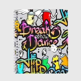 Тетрадь с принтом Graffiti в Петрозаводске, 100% бумага | 48 листов, плотность листов — 60 г/м2, плотность картонной обложки — 250 г/м2. Листы скреплены сбоку удобной пружинной спиралью. Уголки страниц и обложки скругленные. Цвет линий — светло-серый
 | Тематика изображения на принте: break | dance | graffiti | hip hop | rap | граффити | рэп | скейтборд | хип хоп