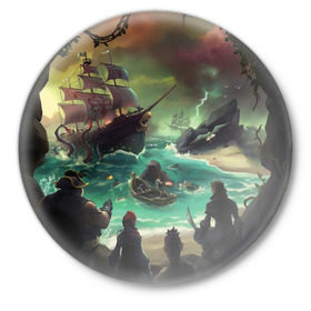 Значок с принтом Sea of thieves в Петрозаводске,  металл | круглая форма, металлическая застежка в виде булавки | mmo | море | пират | пираты | сокровища | сокровище