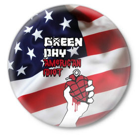 Значок с принтом Green Day American Idiot в Петрозаводске,  металл | круглая форма, металлическая застежка в виде булавки | american idiot | green day | альтернативный | билли джо армстронг | грин дей | группа | зелёный день | майк дёрнт | музыка | панк | поп | поппанк | рок | сша | тре кул | флаг