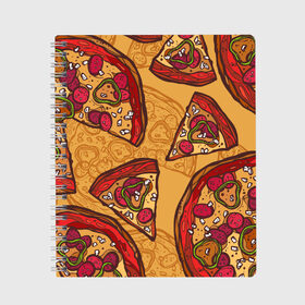 Тетрадь с принтом Пицца в Петрозаводске, 100% бумага | 48 листов, плотность листов — 60 г/м2, плотность картонной обложки — 250 г/м2. Листы скреплены сбоку удобной пружинной спиралью. Уголки страниц и обложки скругленные. Цвет линий — светло-серый
 | pattern | pizza | еда | пицца | узор