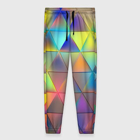 Женские брюки 3D с принтом Разноцветные треугольники в Петрозаводске, полиэстер 100% | прямой крой, два кармана без застежек по бокам, с мягкой трикотажной резинкой на поясе и по низу штанин. В поясе для дополнительного комфорта — широкие завязки | 