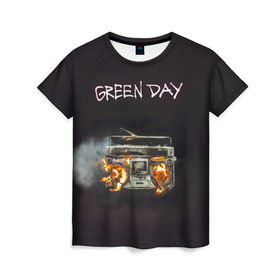 Женская футболка 3D с принтом Green Day магнитофон в огне в Петрозаводске, 100% полиэфир ( синтетическое хлопкоподобное полотно) | прямой крой, круглый вырез горловины, длина до линии бедер | american idiot | green day | альтернативный | билли джо армстронг | грин дей | группа | зелёный день | майк дёрнт | музыка | панк | поп | поппанк | рок | тре кул