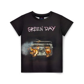 Детская футболка 3D с принтом Green Day магнитофон в огне в Петрозаводске, 100% гипоаллергенный полиэфир | прямой крой, круглый вырез горловины, длина до линии бедер, чуть спущенное плечо, ткань немного тянется | Тематика изображения на принте: american idiot | green day | альтернативный | билли джо армстронг | грин дей | группа | зелёный день | майк дёрнт | музыка | панк | поп | поппанк | рок | тре кул