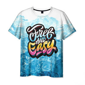 Мужская футболка 3D с принтом Free and Easy в Петрозаводске, 100% полиэфир | прямой крой, круглый вырез горловины, длина до линии бедер | beach | miami | граффити | желтый | закат | краски | лед | майами | надписи | панама | пляж | розовый | солнце | фламинго | яркие