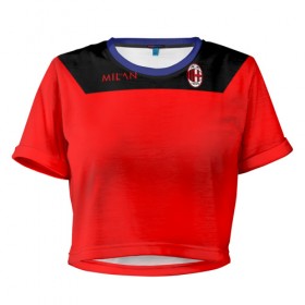 Женская футболка 3D укороченная с принтом AC Milan - Red & Black в Петрозаводске, 100% полиэстер | круглая горловина, длина футболки до линии талии, рукава с отворотами | 