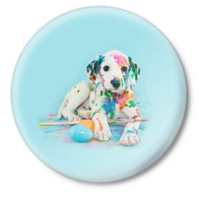 Значок с принтом Юный художник в Петрозаводске,  металл | круглая форма, металлическая застежка в виде булавки | animal | dog | дог | долматинец | друг | краски | собака | художник | щенок