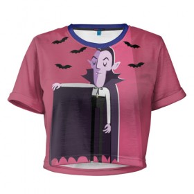 Женская футболка 3D укороченная с принтом Дракула в Петрозаводске, 100% полиэстер | круглая горловина, длина футболки до линии талии, рукава с отворотами | dracula | halloween | helloween | вампир | день всех святых | детям | для детей | хеллоуин | хеловин | хэллоуин