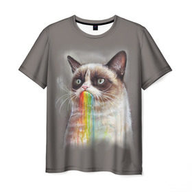 Мужская футболка 3D с принтом Grumpy Cat в Петрозаводске, 100% полиэфир | прямой крой, круглый вырез горловины, длина до линии бедер | animal | cat | grumpy cat | животное | кот | котенок | кошка | радуга