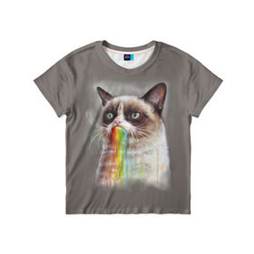 Детская футболка 3D с принтом Grumpy Cat в Петрозаводске, 100% гипоаллергенный полиэфир | прямой крой, круглый вырез горловины, длина до линии бедер, чуть спущенное плечо, ткань немного тянется | animal | cat | grumpy cat | животное | кот | котенок | кошка | радуга