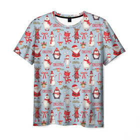 Мужская футболка 3D с принтом Рождественская Милота в Петрозаводске, 100% полиэфир | прямой крой, круглый вырез горловины, длина до линии бедер | дед мороз | заяц | колокольчик | лиса | лисичка | медведь | олень | омела | пингвин | санта клаус