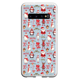 Чехол для Samsung Galaxy S10 с принтом Рождественская Милота в Петрозаводске, Силикон | Область печати: задняя сторона чехла, без боковых панелей | дед мороз | заяц | колокольчик | лиса | лисичка | медведь | олень | омела | пингвин | санта клаус