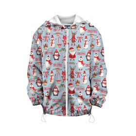 Детская куртка 3D с принтом Рождественская Милота в Петрозаводске, 100% полиэстер | застежка — молния, подол и капюшон оформлены резинкой с фиксаторами, по бокам — два кармана без застежек, один потайной карман на груди, плотность верхнего слоя — 90 г/м2; плотность флисового подклада — 260 г/м2 | Тематика изображения на принте: дед мороз | заяц | колокольчик | лиса | лисичка | медведь | олень | омела | пингвин | санта клаус