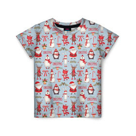 Детская футболка 3D с принтом Рождественская Милота в Петрозаводске, 100% гипоаллергенный полиэфир | прямой крой, круглый вырез горловины, длина до линии бедер, чуть спущенное плечо, ткань немного тянется | дед мороз | заяц | колокольчик | лиса | лисичка | медведь | олень | омела | пингвин | санта клаус