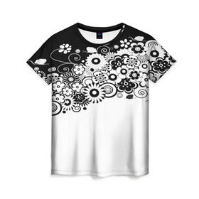 Женская футболка 3D с принтом Черно-белые цветы в Петрозаводске, 100% полиэфир ( синтетическое хлопкоподобное полотно) | прямой крой, круглый вырез горловины, длина до линии бедер | blossom | flower | garden stuff | green stuff | бабочки | узор | цветочный орнамент | цветы | цеточный узор