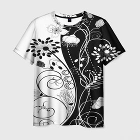 Мужская футболка 3D с принтом Retro flower в Петрозаводске, 100% полиэфир | прямой крой, круглый вырез горловины, длина до линии бедер | blossom | flower | garden stuff | green stuff | бабочки | узор | цветочный орнамент | цветы | цеточный узор