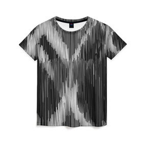Женская футболка 3D с принтом Черно-белая штриховка в Петрозаводске, 100% полиэфир ( синтетическое хлопкоподобное полотно) | прямой крой, круглый вырез горловины, длина до линии бедер | watercolor | абстракция красок | акварель | брызги красок | краска | потертость красок