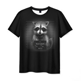 Мужская футболка 3D с принтом Енот Преступник в Петрозаводске, 100% полиэфир | прямой крой, круглый вырез горловины, длина до линии бедер | raccoon | виновен | полоскун | стражи