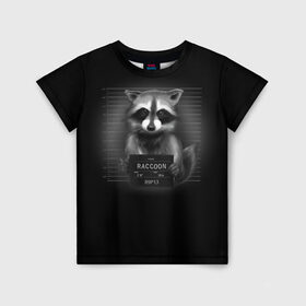Детская футболка 3D с принтом Енот Преступник в Петрозаводске, 100% гипоаллергенный полиэфир | прямой крой, круглый вырез горловины, длина до линии бедер, чуть спущенное плечо, ткань немного тянется | raccoon | виновен | полоскун | стражи