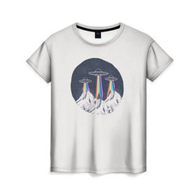 Женская футболка 3D с принтом НЛО в Горах в Петрозаводске, 100% полиэфир ( синтетическое хлопкоподобное полотно) | прямой крой, круглый вырез горловины, длина до линии бедер | горы | елки | звезды | земля | инопланетяне | небо | ночь | радуга | снег | тарелка | эверест | эльбрус