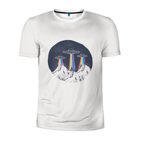 Мужская футболка 3D спортивная с принтом НЛО в Горах в Петрозаводске, 100% полиэстер с улучшенными характеристиками | приталенный силуэт, круглая горловина, широкие плечи, сужается к линии бедра | горы | елки | звезды | земля | инопланетяне | небо | ночь | радуга | снег | тарелка | эверест | эльбрус