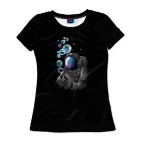 Женская футболка 3D с принтом Космические Пузыри в Петрозаводске, 100% полиэфир ( синтетическое хлопкоподобное полотно) | прямой крой, круглый вырез горловины, длина до линии бедер | астронавт | звезды | земля | космос | марс | мыльные | планеты | скафандр