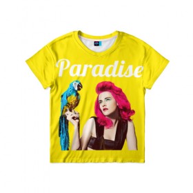 Детская футболка 3D с принтом Paradise в Петрозаводске, 100% гипоаллергенный полиэфир | прямой крой, круглый вырез горловины, длина до линии бедер, чуть спущенное плечо, ткань немного тянется | лето | малиновое вино | попугай | прическа | рай | эмоции