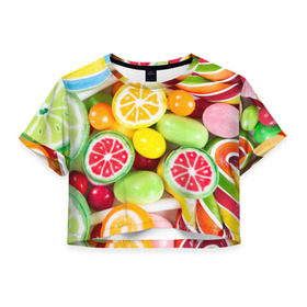 Женская футболка 3D укороченная с принтом Candy в Петрозаводске, 100% полиэстер | круглая горловина, длина футболки до линии талии, рукава с отворотами | candy | colorful | lollipop | sweet | конфеты | леденцы | сладости