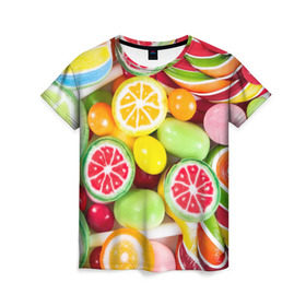 Женская футболка 3D с принтом Candy в Петрозаводске, 100% полиэфир ( синтетическое хлопкоподобное полотно) | прямой крой, круглый вырез горловины, длина до линии бедер | candy | colorful | lollipop | sweet | конфеты | леденцы | сладости