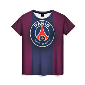Женская футболка 3D с принтом Paris Saint-Germain в Петрозаводске, 100% полиэфир ( синтетическое хлопкоподобное полотно) | прямой крой, круглый вырез горловины, длина до линии бедер | psg | париж | псж | форма | футбол