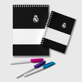 Блокнот с принтом Real Madrid Black Collection в Петрозаводске, 100% бумага | 48 листов, плотность листов — 60 г/м2, плотность картонной обложки — 250 г/м2. Листы скреплены удобной пружинной спиралью. Цвет линий — светло-серый
 | emirates | fc | real madrid | клуб | мяч | реал мадрид