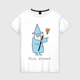 Женская футболка хлопок с принтом Заклинатель пиццы в Петрозаводске, 100% хлопок | прямой крой, круглый вырез горловины, длина до линии бедер, слегка спущенное плечо | magic | pizza | wizzard | арт | волшебник | маг | магия | пицца