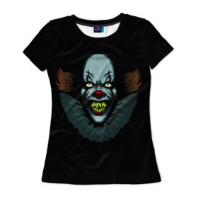 Женская футболка 3D с принтом Clown в Петрозаводске, 100% полиэфир ( синтетическое хлопкоподобное полотно) | прямой крой, круглый вырез горловины, длина до линии бедер | horror | pennywise | stephen king | клоун | оно | пеннивайз | стивен кинг | ужасы | хоррор